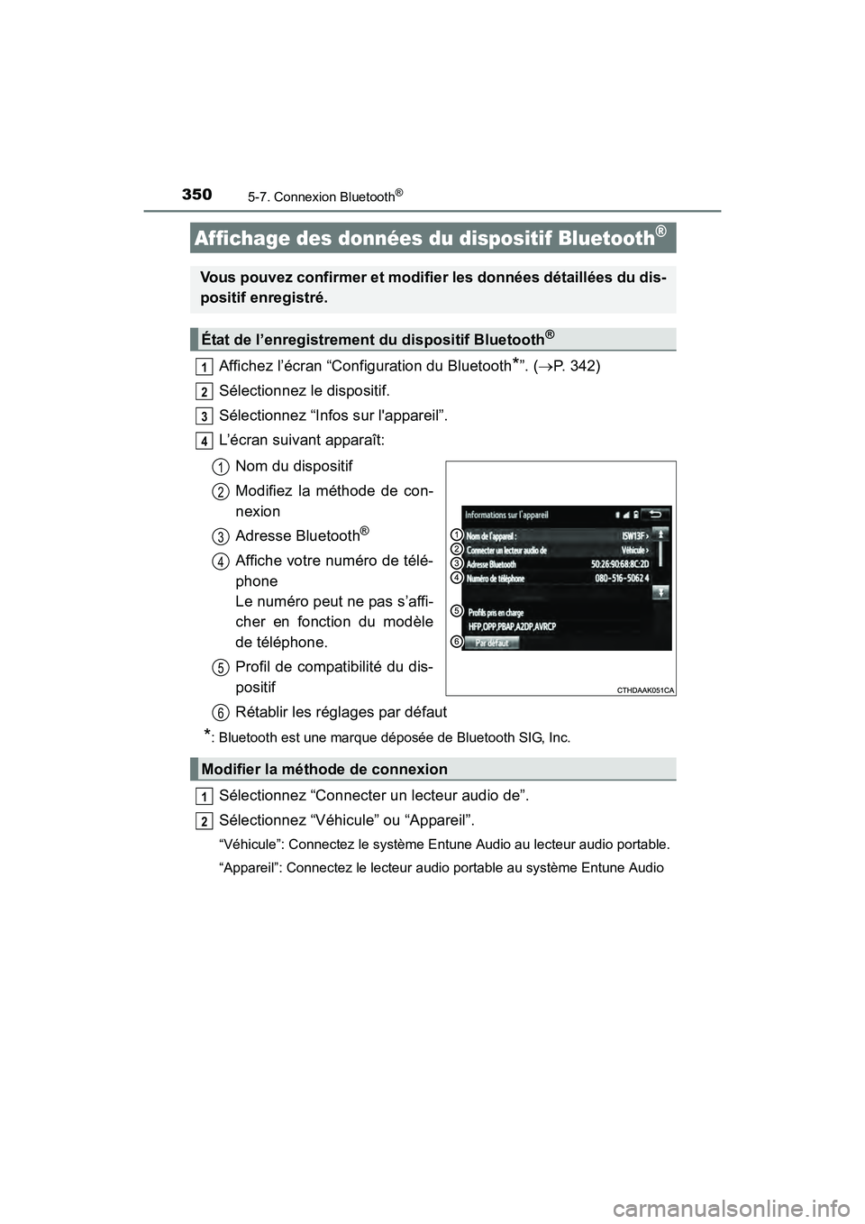 TOYOTA COROLLA 2019 Manuel du propriétaire (in French) 3505-7. Connexion Bluetooth®
COROLLA_TMMMS_TMMC_D
Affichez l’écran “Configuration du Bluetooth*”. (→P. 342)
Sélectionnez le dispositif.
Sélectionnez “Infos sur lappareil”.
L’écran TOYOTA COROLLA 2019 Manuel du propriétaire (in French) 3505-7. Connexion Bluetooth®
COROLLA_TMMMS_TMMC_D
Affichez l’écran “Configuration du Bluetooth*”. (→P. 342)
Sélectionnez le dispositif.
Sélectionnez “Infos sur lappareil”.
L’écran