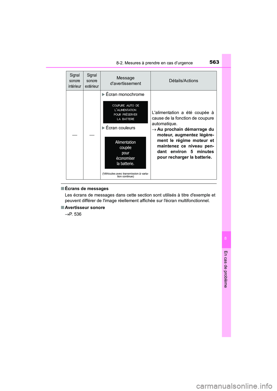 TOYOTA COROLLA 2019  Manuel du propriétaire (in French) 5638-2. Mesures à prendre en cas d’urgence
8
En cas de problème
COROLLA_TMMMS_TMMC_D
■Écrans de messages
Les écrans de messages dans cette section sont utilisés à titre dexemple et
peuvent 
