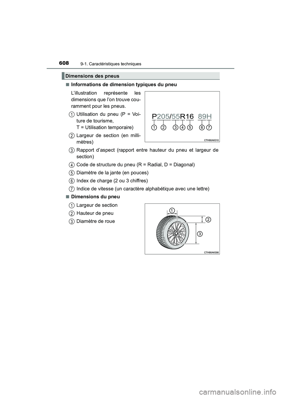 TOYOTA COROLLA 2019  Manuel du propriétaire (in French) 6089-1. Caractéristiques techniques
COROLLA_TMMMS_TMMC_D■
Informations de dimension typiques du pneu
L’illustration représente les
dimensions que l’on trouve cou-
ramment pour les pneus.
Utili