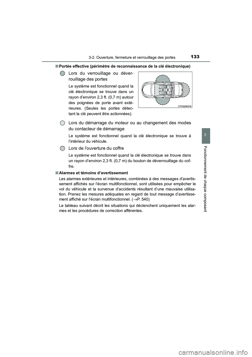TOYOTA COROLLA 2018 Manuel du propriétaire (in French) 1333-2. Ouverture, fermeture et verrouillage des portes
3
Fonctionnement de chaque composant
COROLLA_TMMMS_TMMC_D (OM02509D)■
Portée effective (périmètre de reconnaissance de la clé électroniqu TOYOTA COROLLA 2018 Manuel du propriétaire (in French) 1333-2. Ouverture, fermeture et verrouillage des portes
3
Fonctionnement de chaque composant
COROLLA_TMMMS_TMMC_D (OM02509D)■
Portée effective (périmètre de reconnaissance de la clé électroniqu