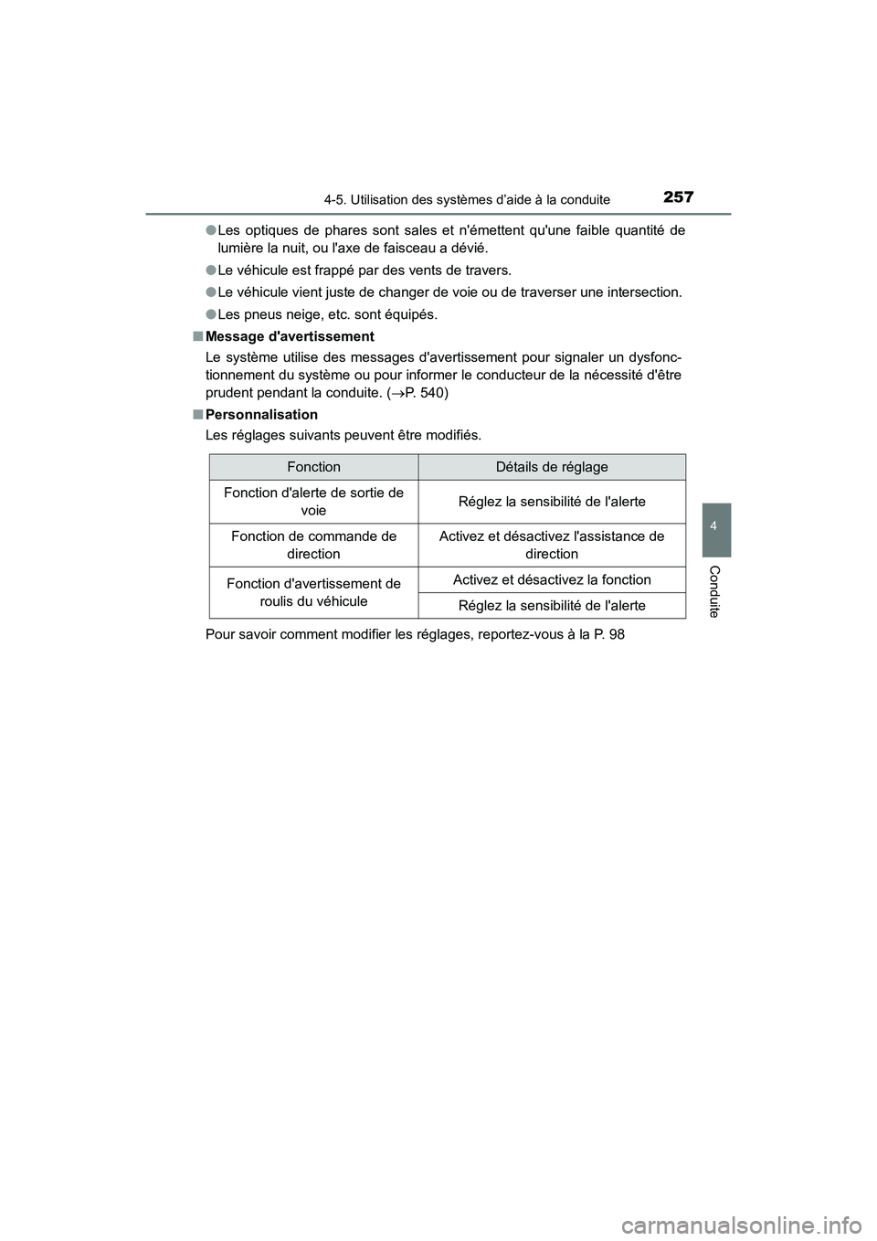 TOYOTA COROLLA 2018  Manuel du propriétaire (in French) 2574-5. Utilisation des systèmes d’aide à la conduite
4
Conduite
COROLLA_TMMMS_TMMC_D (OM02509D)●
Les optiques de phares sont sales et némettent quune faible quantité de
lumière la nuit, ou