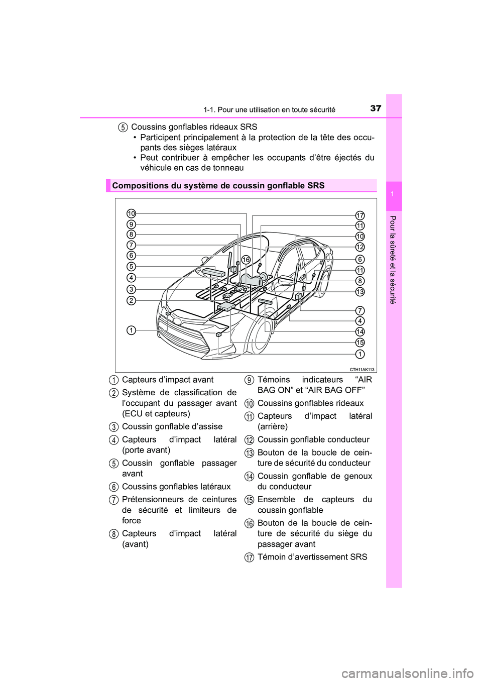 TOYOTA COROLLA 2018  Manuel du propriétaire (in French) 371-1. Pour une utilisation en toute sécurité
1
Pour la sûreté et la sécurité
COROLLA_TMMMS_TMMC_D (OM02509D)
Coussins gonflables rideaux SRS• Participent principalement à la protection de la