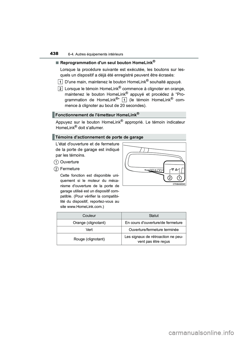 TOYOTA COROLLA 2018 Manuel du propriétaire (in French) 4386-4. Autres équipements intérieurs
COROLLA_TMMMS_TMMC_D (OM02509D)■
Reprogrammation dun seul bouton HomeLink®
Lorsque la procédure suivante est exécutée, les boutons sur les-
quels un disp TOYOTA COROLLA 2018 Manuel du propriétaire (in French) 4386-4. Autres équipements intérieurs
COROLLA_TMMMS_TMMC_D (OM02509D)■
Reprogrammation dun seul bouton HomeLink®
Lorsque la procédure suivante est exécutée, les boutons sur les-
quels un disp