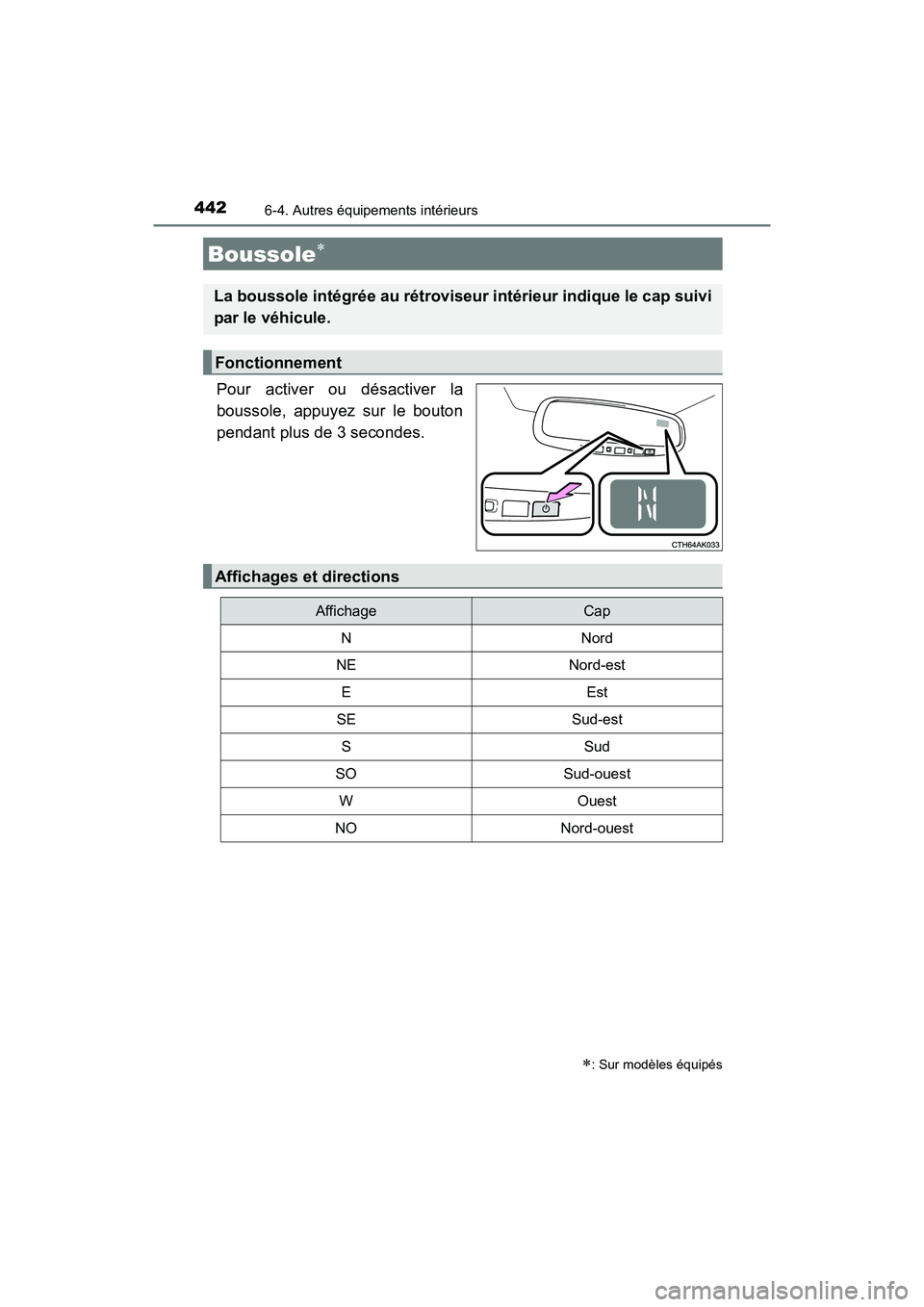 TOYOTA COROLLA 2018  Manuel du propriétaire (in French) 4426-4. Autres équipements intérieurs
COROLLA_TMMMS_TMMC_D (OM02509D)
Pour activer ou désactiver la
boussole, appuyez sur le bouton
pendant plus de 3 secondes.
Boussole∗
∗: Sur modèles équip