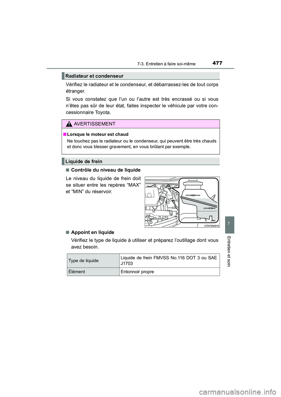 TOYOTA COROLLA 2018 Manuel du propriétaire (in French) 4777-3. Entretien à faire soi-même
7
Entretien et soin
COROLLA_TMMMS_TMMC_D (OM02509D)
Vérifiez le radiateur et le condenseur, et débarrassez-les de tout corps
étranger.
Si vous constatez que l TOYOTA COROLLA 2018 Manuel du propriétaire (in French) 4777-3. Entretien à faire soi-même
7
Entretien et soin
COROLLA_TMMMS_TMMC_D (OM02509D)
Vérifiez le radiateur et le condenseur, et débarrassez-les de tout corps
étranger.
Si vous constatez que l