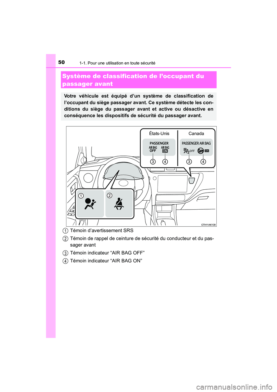 TOYOTA COROLLA 2018  Manuel du propriétaire (in French) 501-1. Pour une utilisation en toute sécurité
COROLLA_TMMMS_TMMC_D (OM02509D)
Système de classification de l’occupant du 
passager avant
Votre véhicule est équipé d’un système de classifica