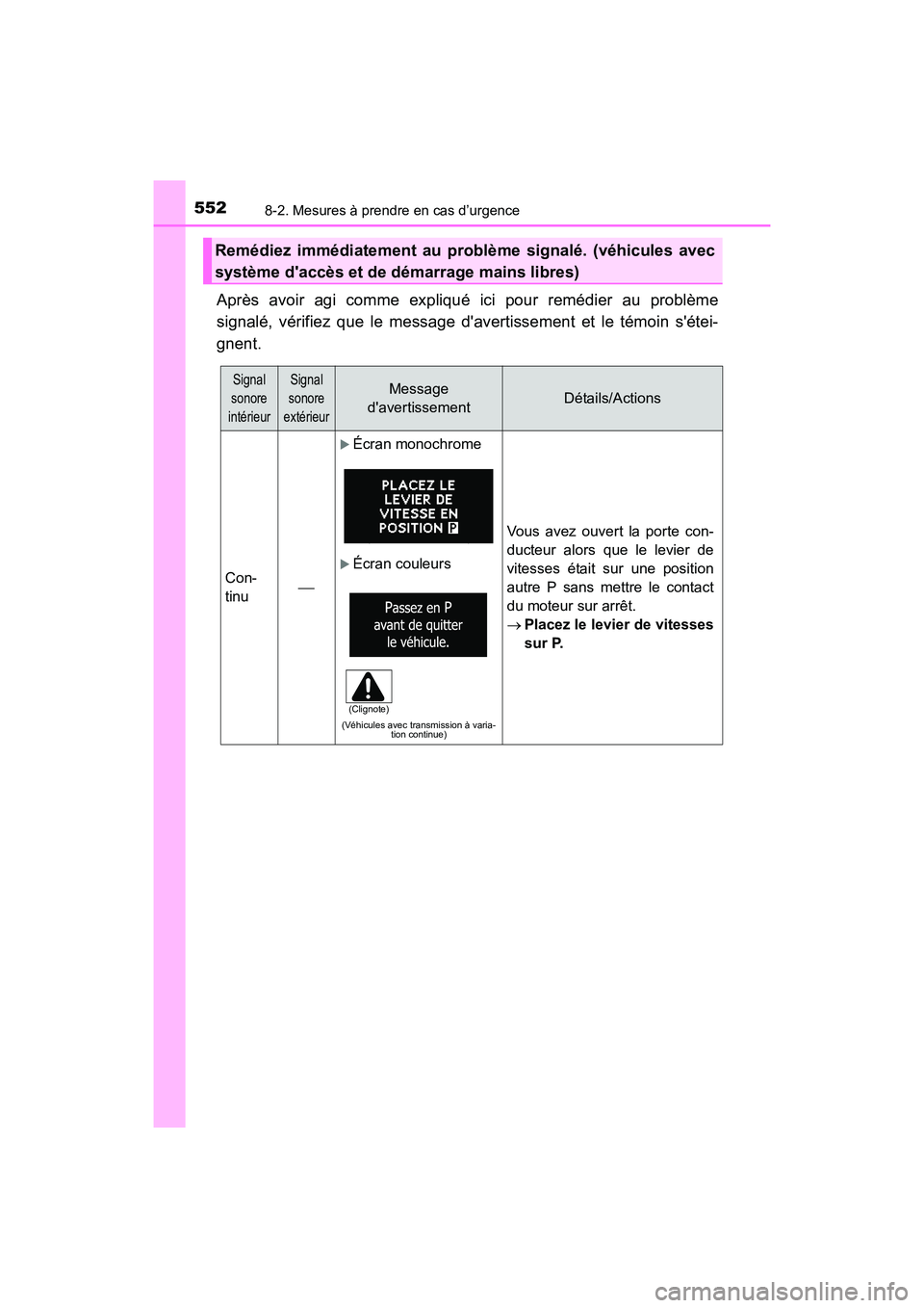 TOYOTA COROLLA 2018  Manuel du propriétaire (in French) 5528-2. Mesures à prendre en cas d’urgence
COROLLA_TMMMS_TMMC_D (OM02509D)
Après avoir agi comme expliqué ici pour remédier au problème
signalé, vérifiez que le message davertissement et le 