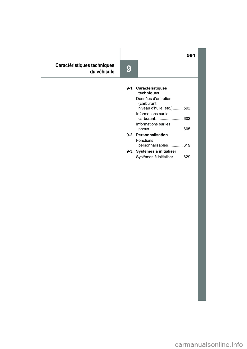 TOYOTA COROLLA 2018  Manuel du propriétaire (in French) 591
9
Caractéristiques techniquesdu véhicule
COROLLA_TMMMS_TMMC_D (OM02509D) 9-1. Caractéristiques 
techniques
Données d’entretien  (carburant, 
niveau d’huile, etc.) ......... 592
Information