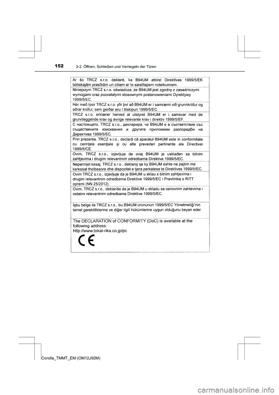 TOYOTA COROLLA 2017  Betriebsanleitungen (in German) 1523-2. Öffnen, Schließen und Verriegeln der Türen
Corolla_TMMT_EM (OM12J92M) 