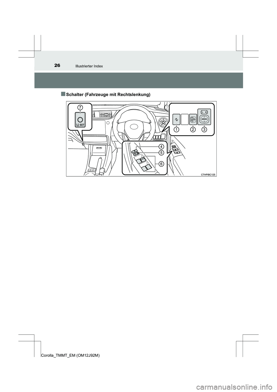 TOYOTA COROLLA 2017  Betriebsanleitungen (in German) 26Illustrierter Index
Corolla_TMMT_EM (OM12J92M)
■Schalter (Fahrzeuge mit Rechtslenkung) 