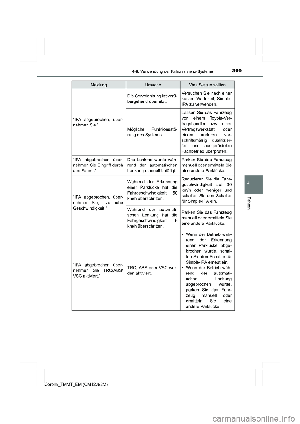 TOYOTA COROLLA 2017  Betriebsanleitungen (in German) 3094-6. Verwendung der Fahrassistenz-Systeme
4
Fahren
Corolla_TMMT_EM (OM12J92M)
“IPA abgebrochen, über-
nehmen Sie.”
Die Servolenkung ist vorü-
bergehend überhitzt.Versuchen Sie nach einer
kur