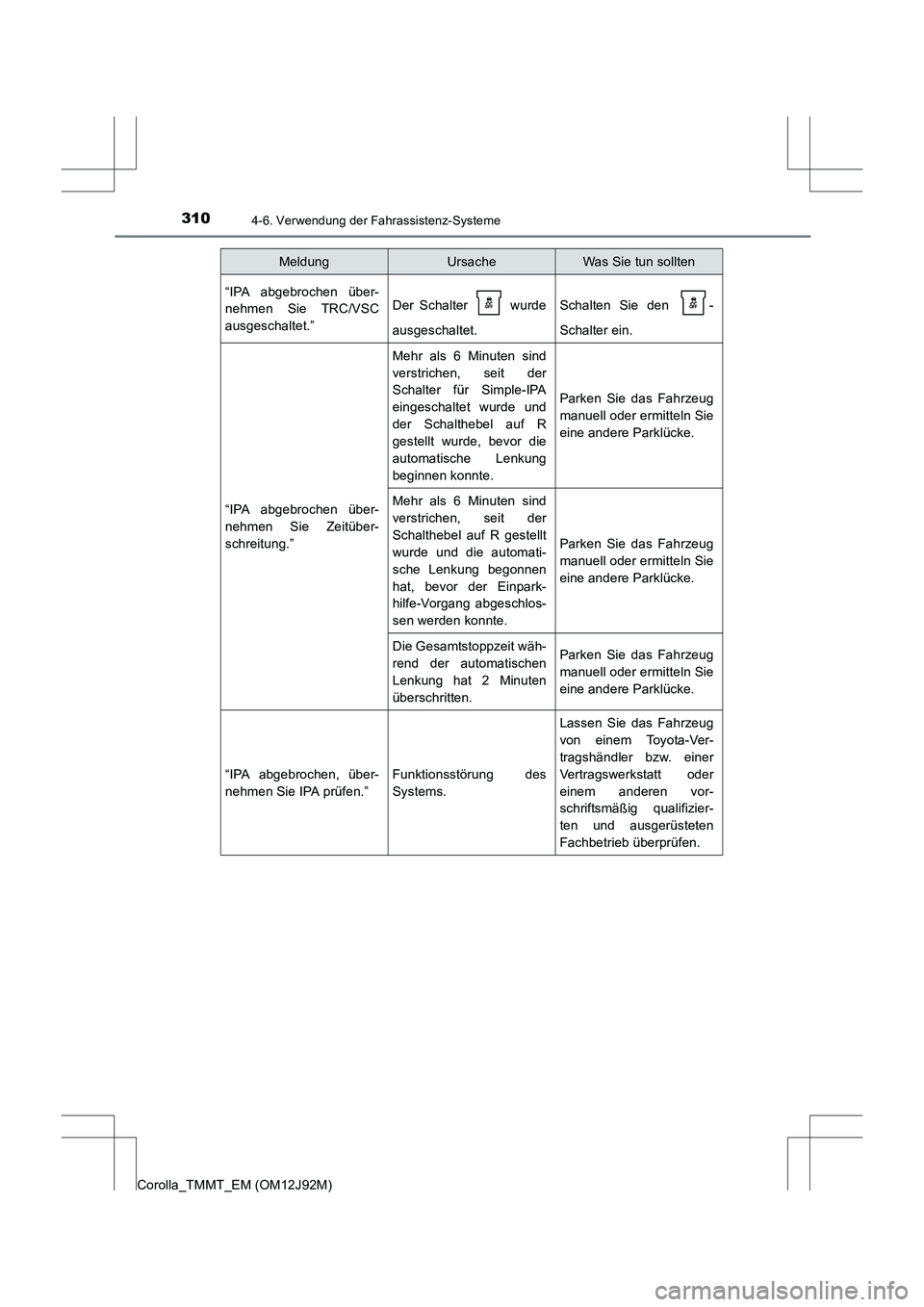 TOYOTA COROLLA 2017  Betriebsanleitungen (in German) 3104-6. Verwendung der Fahrassistenz-Systeme
Corolla_TMMT_EM (OM12J92M)
“IPA abgebrochen über-
nehmen Sie TRC/VSC
ausgeschaltet.”Der Schalter   wurde
ausgeschaltet.Schalten Sie den  -
Schalter ei