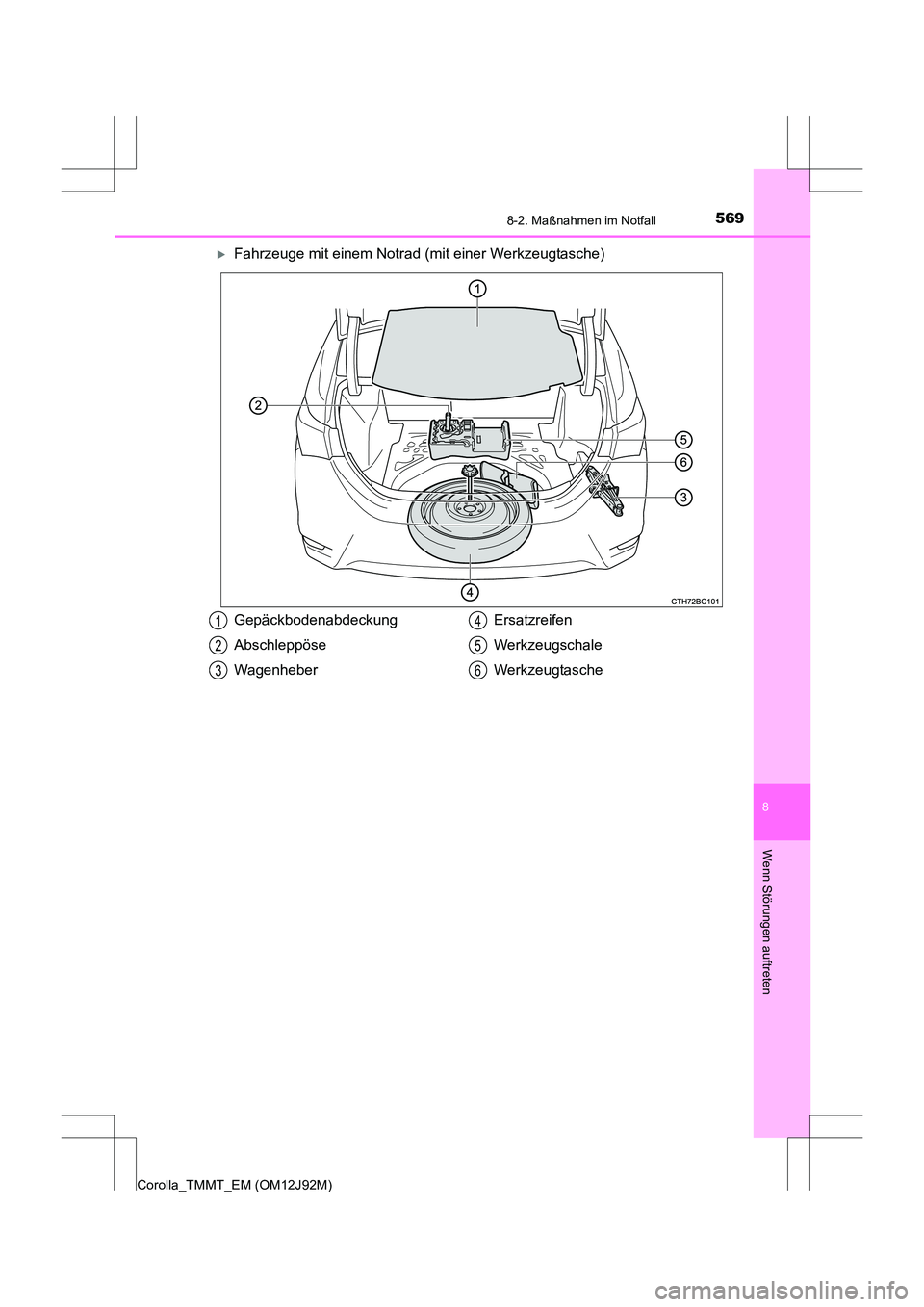 TOYOTA COROLLA 2017  Betriebsanleitungen (in German) 5698-2. Maßnahmen im Notfall
8
Wenn Störungen auftreten
Corolla_TMMT_EM (OM12J92M)
�XFahrzeuge mit einem Notrad (mit einer Werkzeugtasche)
Gepäckbodenabdeckung
Abschleppöse
WagenheberErsatzreifen
