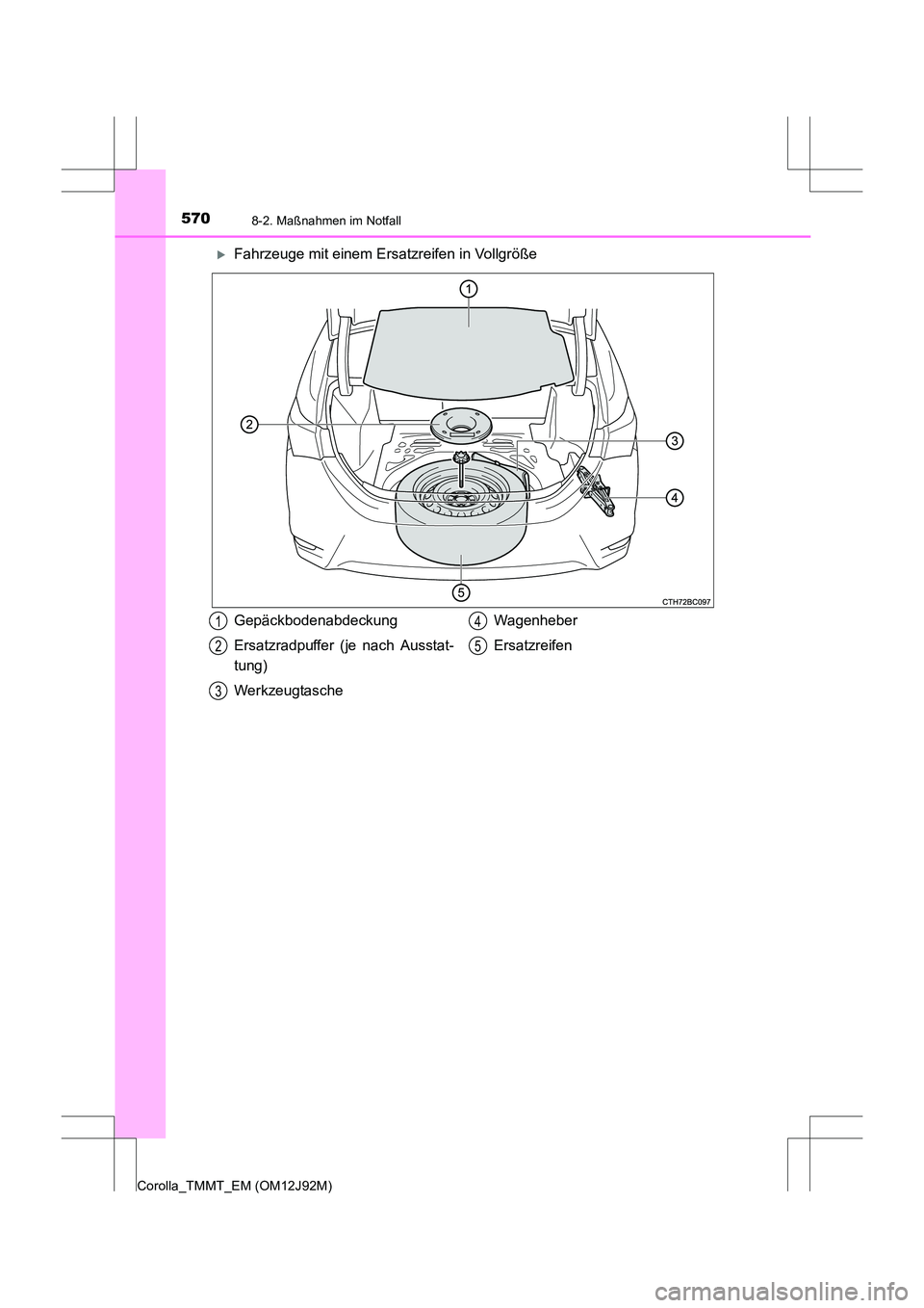 TOYOTA COROLLA 2017  Betriebsanleitungen (in German) 5708-2. Maßnahmen im Notfall
Corolla_TMMT_EM (OM12J92M)
�XFahrzeuge mit einem Ersatzreifen in Vollgröße
Gepäckbodenabdeckung
Ersatzradpuffer (je nach Ausstat-
tung)
WerkzeugtascheWagenheber
Ersatz