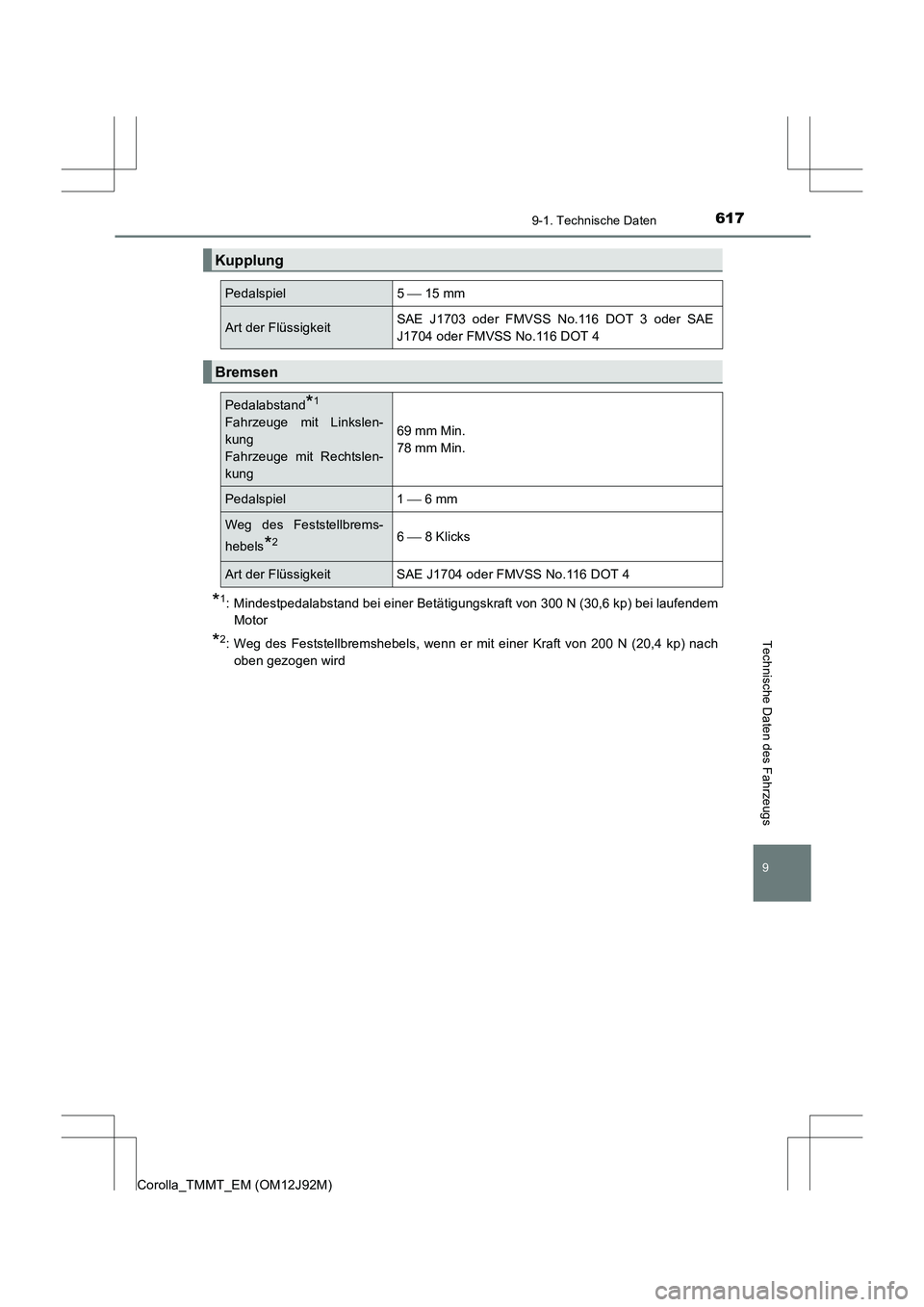 TOYOTA COROLLA 2017  Betriebsanleitungen (in German) 617
9
9-1. Technische Daten
Technische Daten des Fahrzeugs
Corolla_TMMT_EM (OM12J92M)
*1: Mindestpedalabstand bei einer Betätigungskraft von 300 N (30,6 kp) bei laufendemMotor
*2: Weg des Feststellbr