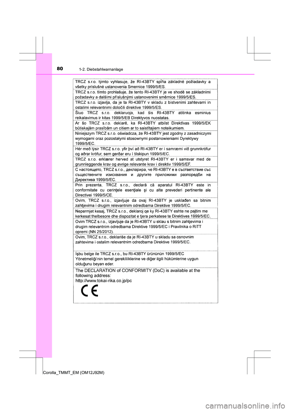 TOYOTA COROLLA 2017  Betriebsanleitungen (in German) 801-2. Diebstahlwarnanlage
Corolla_TMMT_EM (OM12J92M) 