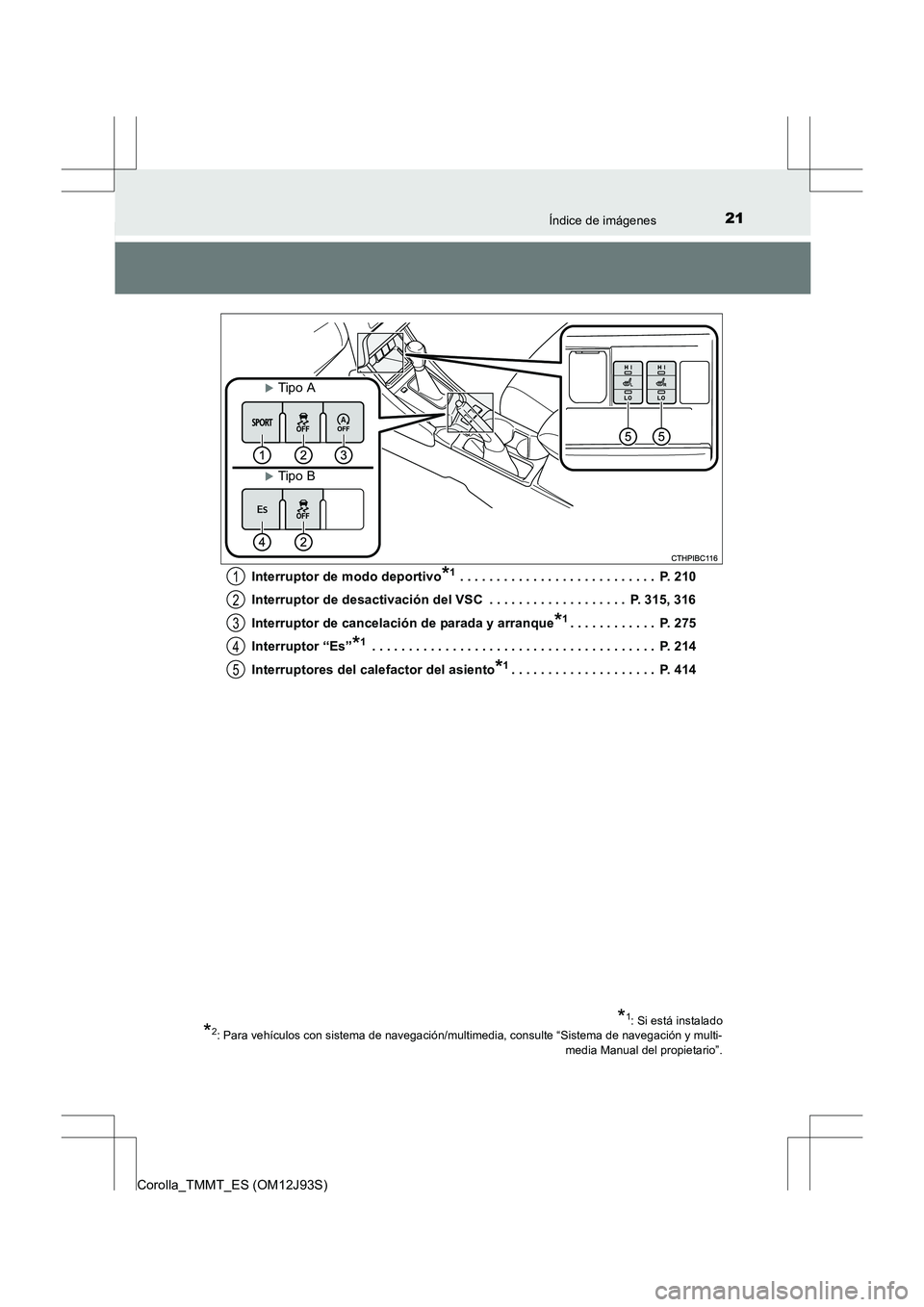 TOYOTA COROLLA 2016 Manual del propietario (in Spanish) 21Índice de imágenes
Corolla_TMMT_ES (OM12J93S)Interruptor de modo deportivo
*1 . . . . . . . . . . . . . . . . . . . . . . . . . . . P. 210
Interruptor de desactivación del VSC . . . . . . . . . TOYOTA COROLLA 2016 Manual del propietario (in Spanish) 21Índice de imágenes
Corolla_TMMT_ES (OM12J93S)Interruptor de modo deportivo
*1 . . . . . . . . . . . . . . . . . . . . . . . . . . . P. 210
Interruptor de desactivación del VSC . . . . . . . . .