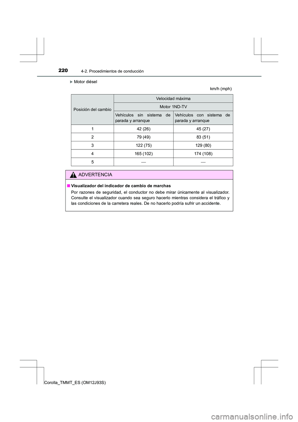 TOYOTA COROLLA 2016  Manual del propietario (in Spanish) 2204-2. Procedimientos de conducción
Corolla_TMMT_ES (OM12J93S)
�XMotor diéselkm/h (mph)
Posición del cambio
Velocidad máxima
Motor 1ND-TV
Vehículos sin sistema de
parada y arranqueVehículos con