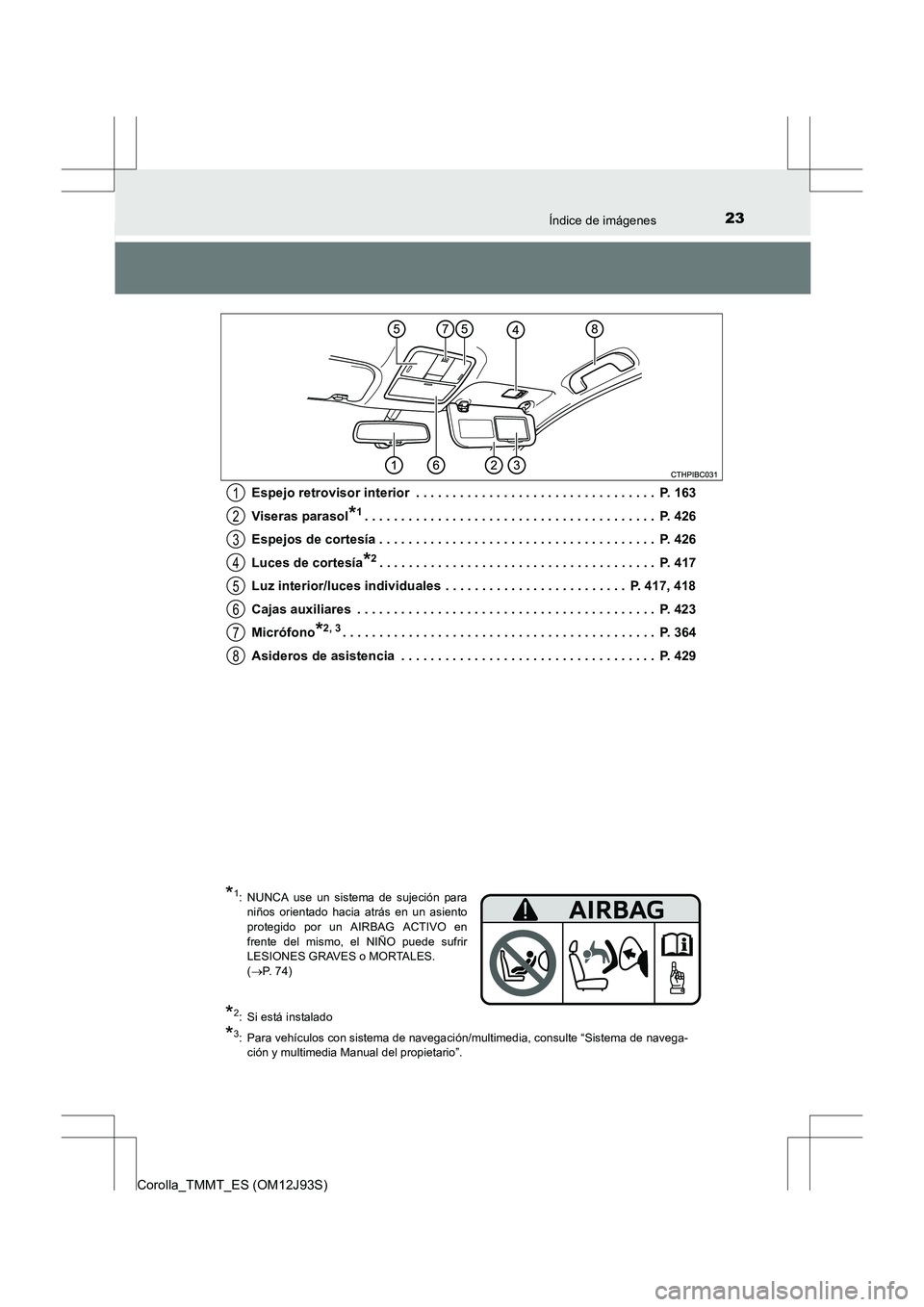 TOYOTA COROLLA 2016 Manual del propietario (in Spanish) 23Índice de imágenes
Corolla_TMMT_ES (OM12J93S)Espejo retrovisor interior . . . . . . . . . . . . . . . . . . . . . . . . . . . . . . . . . P. 163
Viseras parasol
*1. . . . . . . . . . . . . . . . TOYOTA COROLLA 2016 Manual del propietario (in Spanish) 23Índice de imágenes
Corolla_TMMT_ES (OM12J93S)Espejo retrovisor interior . . . . . . . . . . . . . . . . . . . . . . . . . . . . . . . . . P. 163
Viseras parasol
*1. . . . . . . . . . . . . . . .