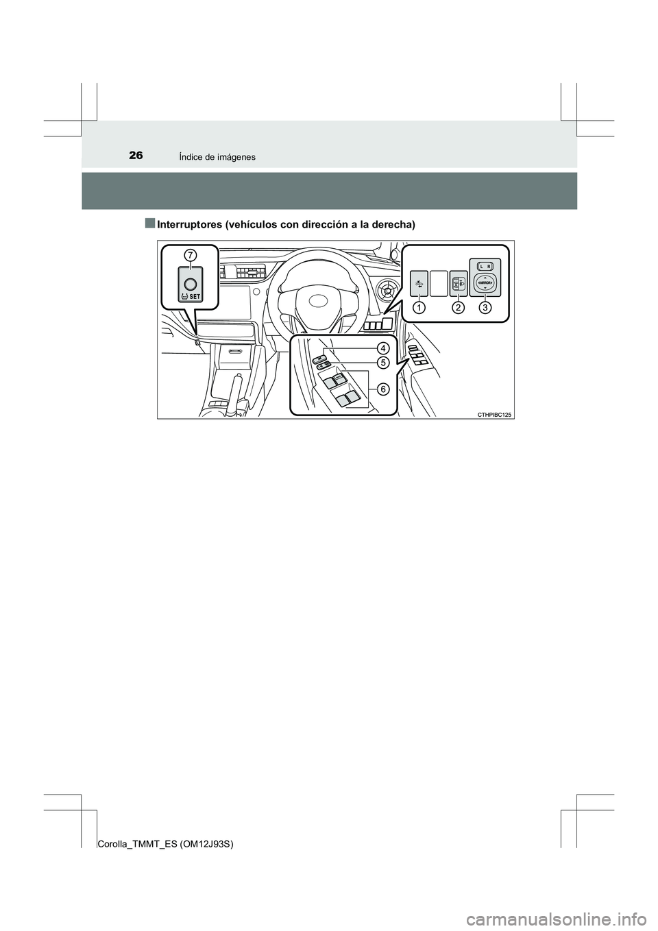 TOYOTA COROLLA 2016 Manual del propietario (in Spanish) 26Índice de imágenes
Corolla_TMMT_ES (OM12J93S)
■Interruptores (vehículos con dirección a la derecha) TOYOTA COROLLA 2016 Manual del propietario (in Spanish) 26Índice de imágenes
Corolla_TMMT_ES (OM12J93S)
■Interruptores (vehículos con dirección a la derecha)