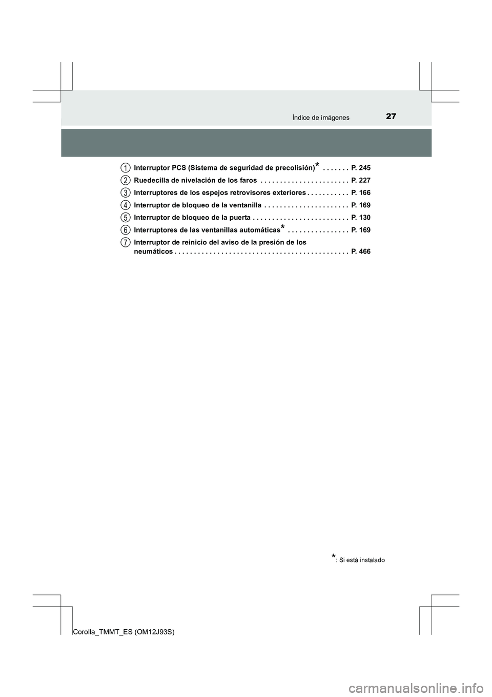 TOYOTA COROLLA 2016 Manual del propietario (in Spanish) 27Índice de imágenes
Corolla_TMMT_ES (OM12J93S)Interruptor PCS (Sistema de seguridad de precolisión)
* . . . . . . . P. 245
Ruedecilla de nivelación de los faros . . . . . . . . . . . . . . . . TOYOTA COROLLA 2016 Manual del propietario (in Spanish) 27Índice de imágenes
Corolla_TMMT_ES (OM12J93S)Interruptor PCS (Sistema de seguridad de precolisión)
* . . . . . . . P. 245
Ruedecilla de nivelación de los faros . . . . . . . . . . . . . . . .