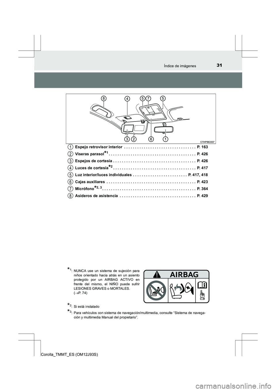 TOYOTA COROLLA 2016 Manual del propietario (in Spanish) 31Índice de imágenes
Corolla_TMMT_ES (OM12J93S)Espejo retrovisor interior . . . . . . . . . . . . . . . . . . . . . . . . . . . . . . . . . P. 163
Viseras parasol
*1. . . . . . . . . . . . . . . . TOYOTA COROLLA 2016 Manual del propietario (in Spanish) 31Índice de imágenes
Corolla_TMMT_ES (OM12J93S)Espejo retrovisor interior . . . . . . . . . . . . . . . . . . . . . . . . . . . . . . . . . P. 163
Viseras parasol
*1. . . . . . . . . . . . . . . .