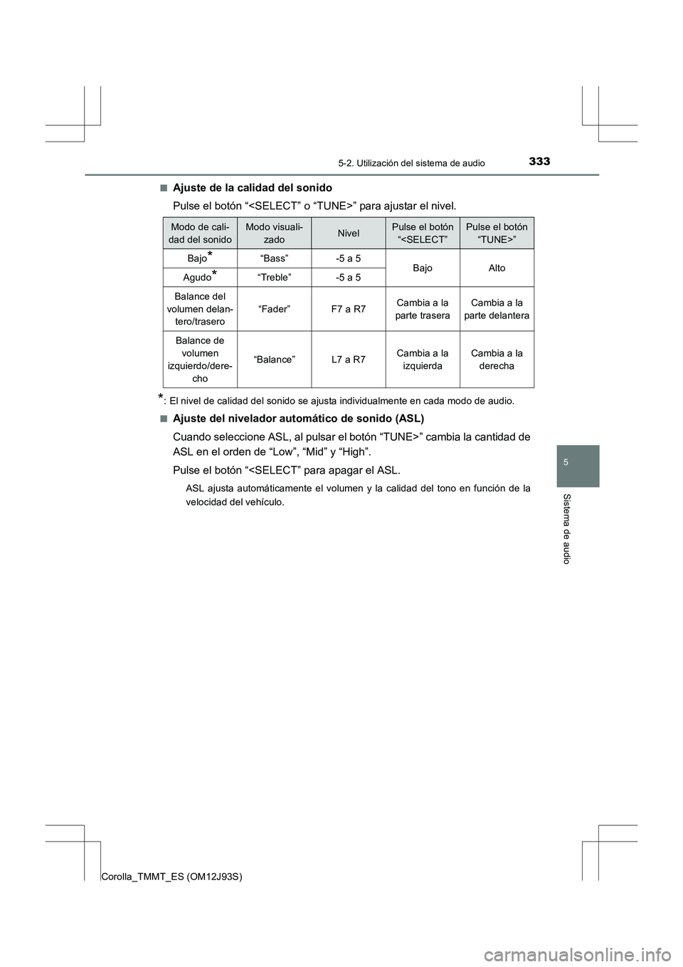 TOYOTA COROLLA 2016 Manual del propietario (in Spanish) 3335-2. Utilización del sistema de audio
5
Sistema de audio
Corolla_TMMT_ES (OM12J93S)■
Ajuste de la calidad del sonido
Pulse el botón “<SELECT” o “TUNE>” para ajustar el nivel.
*: El nive TOYOTA COROLLA 2016 Manual del propietario (in Spanish) 3335-2. Utilización del sistema de audio
5
Sistema de audio
Corolla_TMMT_ES (OM12J93S)■
Ajuste de la calidad del sonido
Pulse el botón “<SELECT” o “TUNE>” para ajustar el nivel.
*: El nive