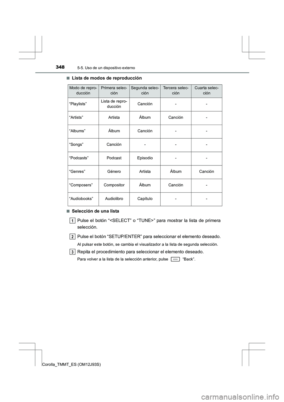 TOYOTA COROLLA 2016 Manual del propietario (in Spanish) 3485-5. Uso de un dispositivo externo
Corolla_TMMT_ES (OM12J93S)■
Lista de modos de reproducción
■Selección de una lista
Pulse el botón “<SELECT” o “TUNE>” para mostrar la lista de prim TOYOTA COROLLA 2016 Manual del propietario (in Spanish) 3485-5. Uso de un dispositivo externo
Corolla_TMMT_ES (OM12J93S)■
Lista de modos de reproducción
■Selección de una lista
Pulse el botón “<SELECT” o “TUNE>” para mostrar la lista de prim