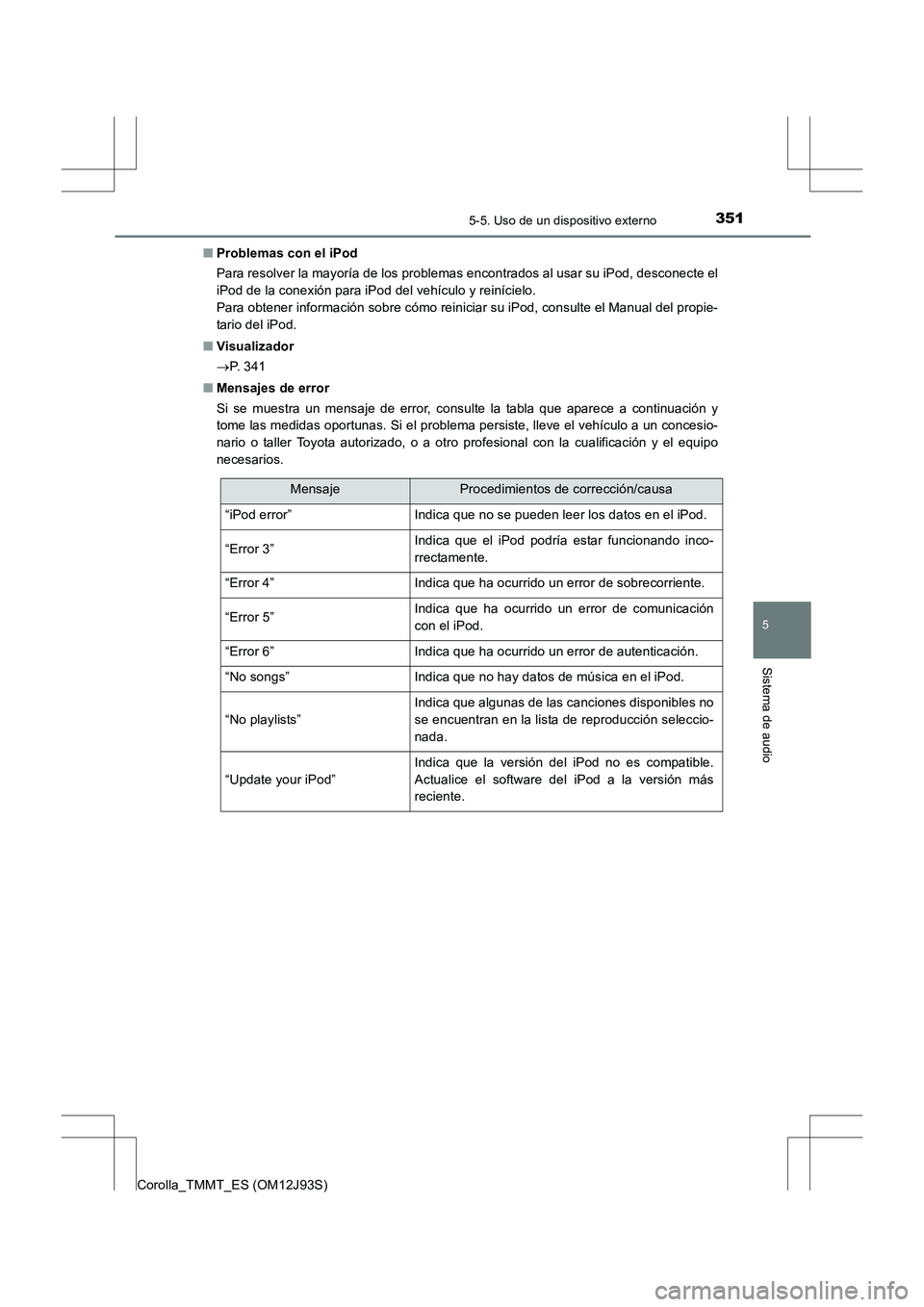 TOYOTA COROLLA 2016 Manual del propietario (in Spanish) 3515-5. Uso de un dispositivo externo
5
Sistema de audio
Corolla_TMMT_ES (OM12J93S)■
Problemas con el iPod
Para resolver la mayoría de los problemas encontrados al usar su iPod, desconecte el
iPod TOYOTA COROLLA 2016 Manual del propietario (in Spanish) 3515-5. Uso de un dispositivo externo
5
Sistema de audio
Corolla_TMMT_ES (OM12J93S)■
Problemas con el iPod
Para resolver la mayoría de los problemas encontrados al usar su iPod, desconecte el
iPod