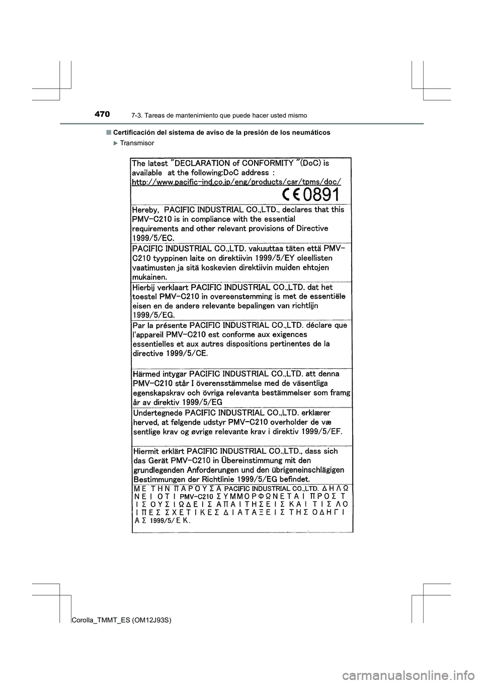 TOYOTA COROLLA 2016  Manual del propietario (in Spanish) 4707-3. Tareas de mantenimiento que puede hacer usted mismo
Corolla_TMMT_ES (OM12J93S)■
Certificación del sistema de aviso de la presión de los neumáticos
�XTran smiso r 