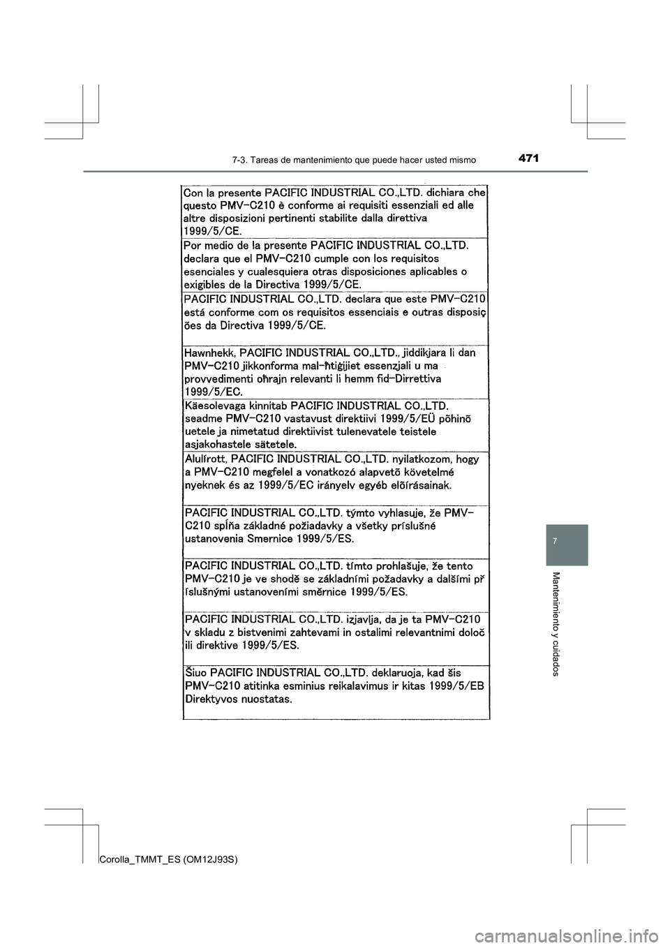 TOYOTA COROLLA 2016  Manual del propietario (in Spanish) 4717-3. Tareas de mantenimiento que puede hacer usted mismo
7
Mantenimiento y cuidados
Corolla_TMMT_ES (OM12J93S) 