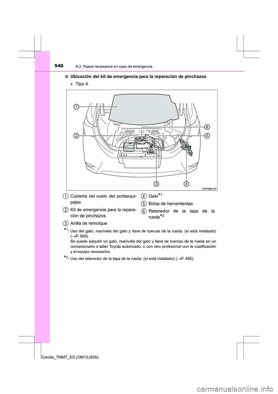 TOYOTA COROLLA 2016  Manual del propietario (in Spanish) 5408-2. Pasos necesarios en caso de emergencia
Corolla_TMMT_ES (OM12J93S)■
Ubicación del kit de emergencia para la reparación de pinchazos
�XTipo A
*1: Uso del gato, manivela del gato y llave de t