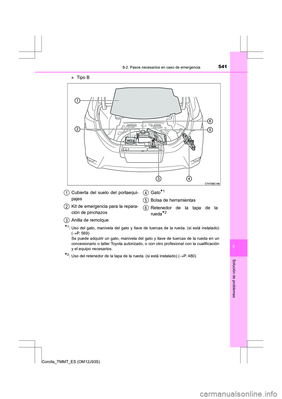 TOYOTA COROLLA 2016  Manual del propietario (in Spanish) 5418-2. Pasos necesarios en caso de emergencia
8
Solución de problemas
Corolla_TMMT_ES (OM12J93S)
�XTipo B
*1: Uso del gato, manivela del gato y llave de tuercas de la rueda. (si está instalado)(→
