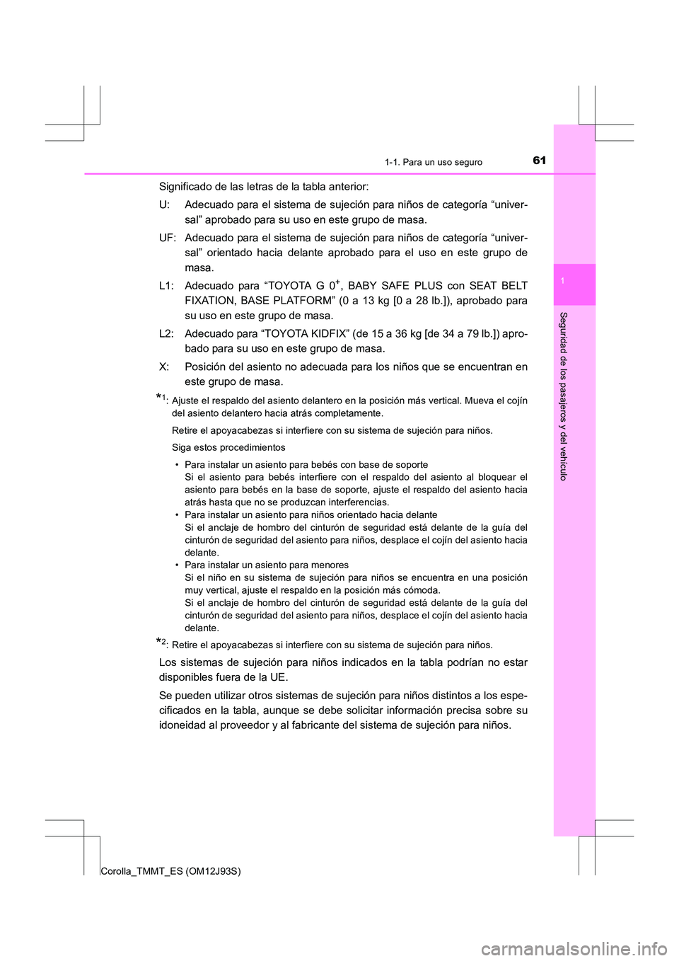 TOYOTA COROLLA 2016 Manual del propietario (in Spanish) 611-1. Para un uso seguro
1
Seguridad de los pasajeros y del vehículo
Corolla_TMMT_ES (OM12J93S)
Significado de las letras de la tabla anterior:
U: Adecuado para el sistema de sujeción para niños d TOYOTA COROLLA 2016 Manual del propietario (in Spanish) 611-1. Para un uso seguro
1
Seguridad de los pasajeros y del vehículo
Corolla_TMMT_ES (OM12J93S)
Significado de las letras de la tabla anterior:
U: Adecuado para el sistema de sujeción para niños d