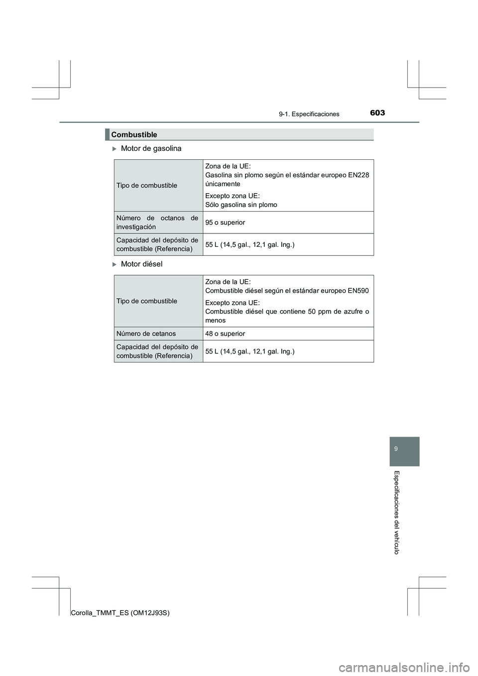 TOYOTA COROLLA 2017  Manual del propietario (in Spanish) 603
9
9-1. Especificaciones
Especificaciones del vehículo
Corolla_TMMT_ES (OM12J93S)
�XMotor de gasolina
�XMotor diésel
Combustible
Tipo de combustible
Zona de la UE: 
Gasolina sin plomo según el e