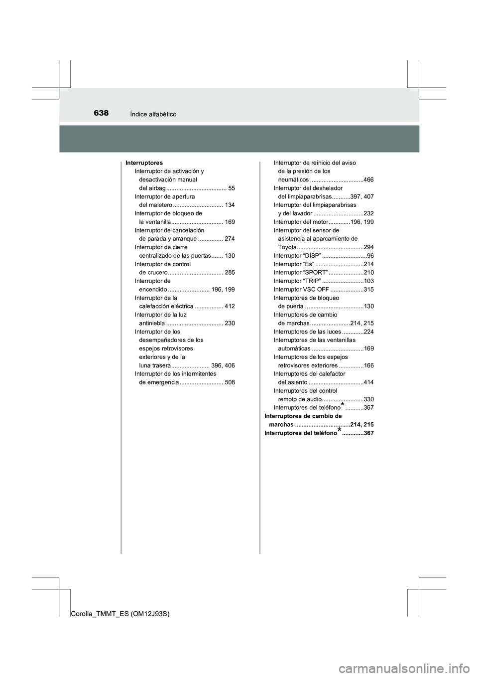 TOYOTA COROLLA 2017 Manual del propietario (in Spanish) 638Índice alfabético
Corolla_TMMT_ES (OM12J93S)
InterruptoresInterruptor de activación y
desactivación manual
del airbag .................................... 55
Interruptor de apertura del male TOYOTA COROLLA 2017 Manual del propietario (in Spanish) 638Índice alfabético
Corolla_TMMT_ES (OM12J93S)
InterruptoresInterruptor de activación y
desactivación manual
del airbag .................................... 55
Interruptor de apertura del male