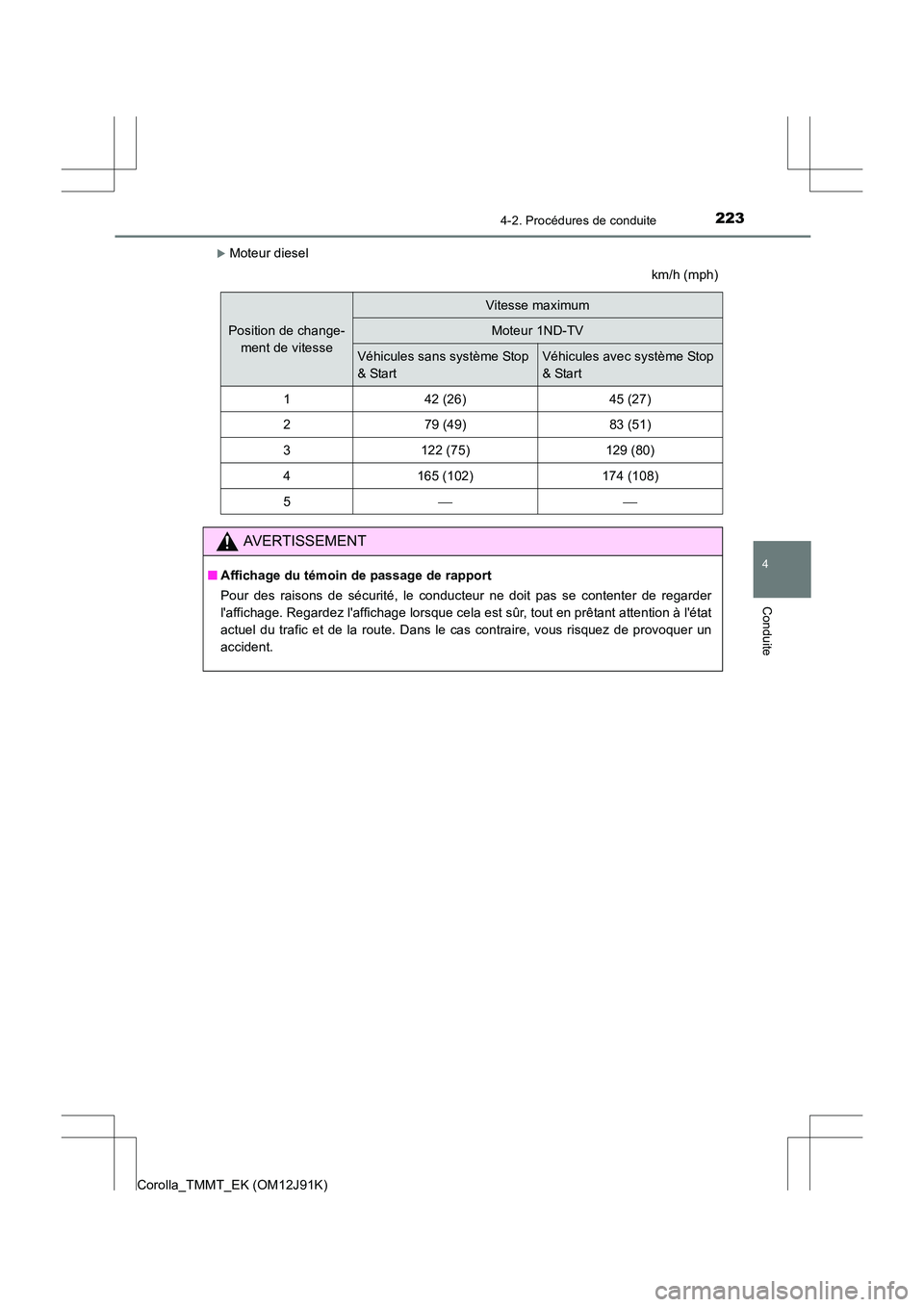 TOYOTA COROLLA 2017  Manuel du propriétaire (in French) 2234-2. Procédures de conduite
4
Conduite
Corolla_TMMT_EK (OM12J91K)
�XMoteur dieselkm/h (mph)
Position de change-ment de vitesse
Vitesse maximum
Moteur 1ND-TV
Véhicules sans système Stop
& StartV