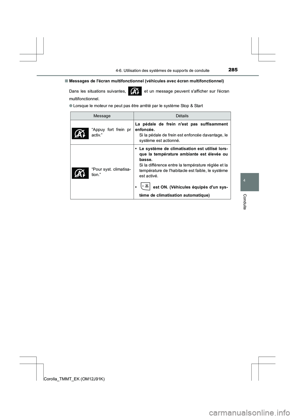 TOYOTA COROLLA 2017  Manuel du propriétaire (in French) 2854-6. Utilisation des systèmes de supports de conduite
4
Conduite
Corolla_TMMT_EK (OM12J91K)■
Messages de lécran multifonctionnel (véhicules avec écran multifonctionnel)
Dans les situations s
