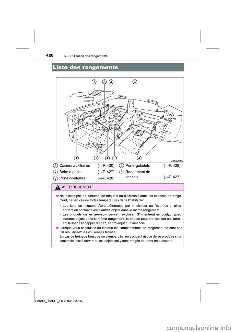 TOYOTA COROLLA 2017  Manuel du propriétaire (in French) 426
Corolla_TMMT_EK (OM12J91K)
6-3. Utilisation des rangements
Liste des rangements
Casiers auxiliaires (→P. 430)
Boîte à gants  ( →P. 427)
Porte-bouteilles ( →P. 428) Porte-gobelets (
→P. 4