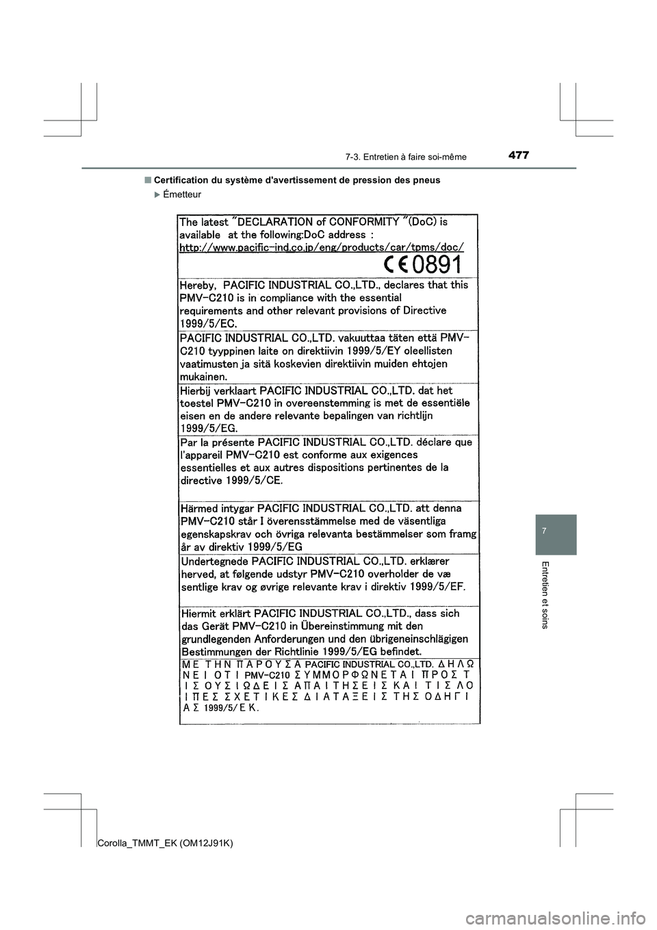 TOYOTA COROLLA 2017  Manuel du propriétaire (in French) 4777-3. Entretien à faire soi-même
7
Entretien et soins
Corolla_TMMT_EK (OM12J91K)■
Certification du système davertissement de pression des pneus
�XÉmetteur 