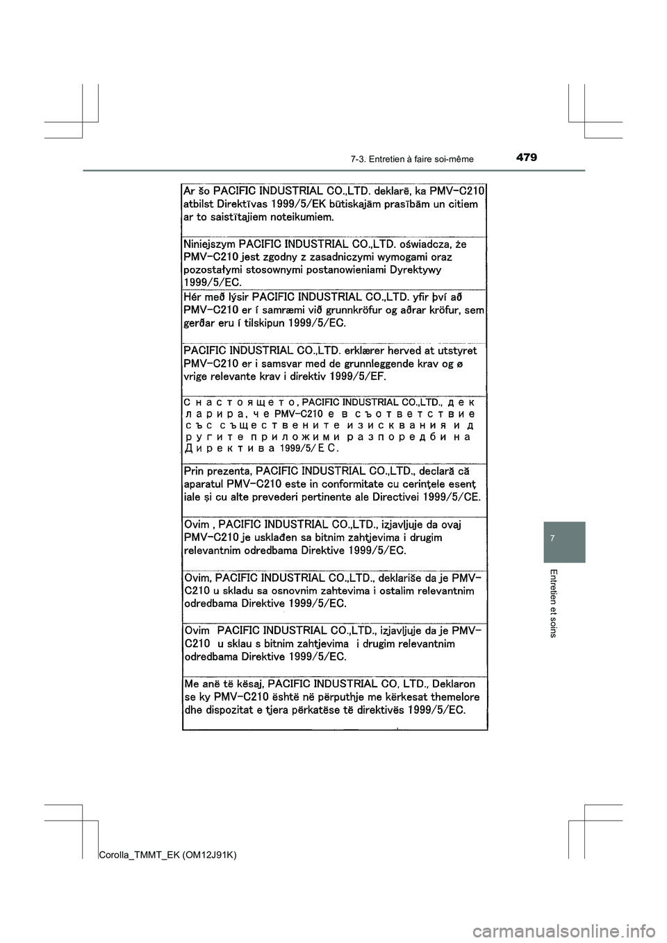 TOYOTA COROLLA 2017  Manuel du propriétaire (in French) 4797-3. Entretien à faire soi-même
7
Entretien et soins
Corolla_TMMT_EK (OM12J91K) 