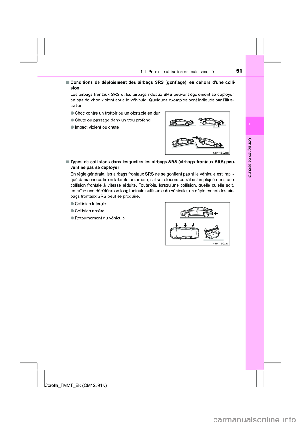 TOYOTA COROLLA 2017 Manuel du propriétaire (in French) 511-1. Pour une utilisation en toute sécurité
1
Consignes de sécurité
Corolla_TMMT_EK (OM12J91K)■
Conditions de déploiement des airbags SRS (gonflage), en dehors dune colli-
sion
Les airbags TOYOTA COROLLA 2017 Manuel du propriétaire (in French) 511-1. Pour une utilisation en toute sécurité
1
Consignes de sécurité
Corolla_TMMT_EK (OM12J91K)■
Conditions de déploiement des airbags SRS (gonflage), en dehors dune colli-
sion
Les airbags