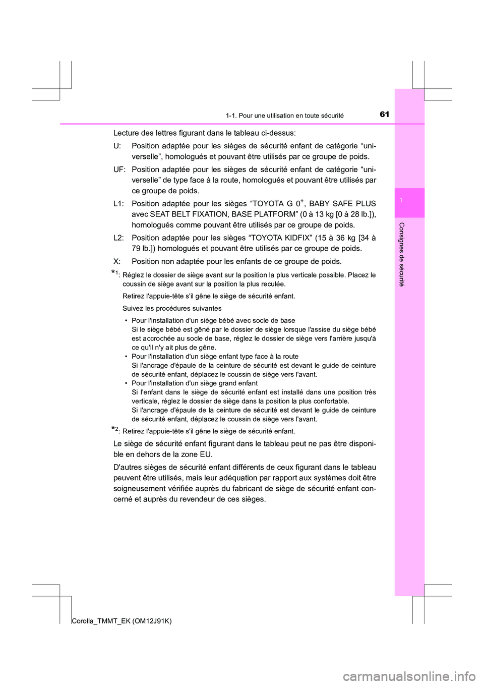 TOYOTA COROLLA 2017 Manuel du propriétaire (in French) 611-1. Pour une utilisation en toute sécurité
1
Consignes de sécurité
Corolla_TMMT_EK (OM12J91K)
Lecture des lettres figurant dans le tableau ci-dessus:
U: Position adaptée pour les sièges de s TOYOTA COROLLA 2017 Manuel du propriétaire (in French) 611-1. Pour une utilisation en toute sécurité
1
Consignes de sécurité
Corolla_TMMT_EK (OM12J91K)
Lecture des lettres figurant dans le tableau ci-dessus:
U: Position adaptée pour les sièges de s
