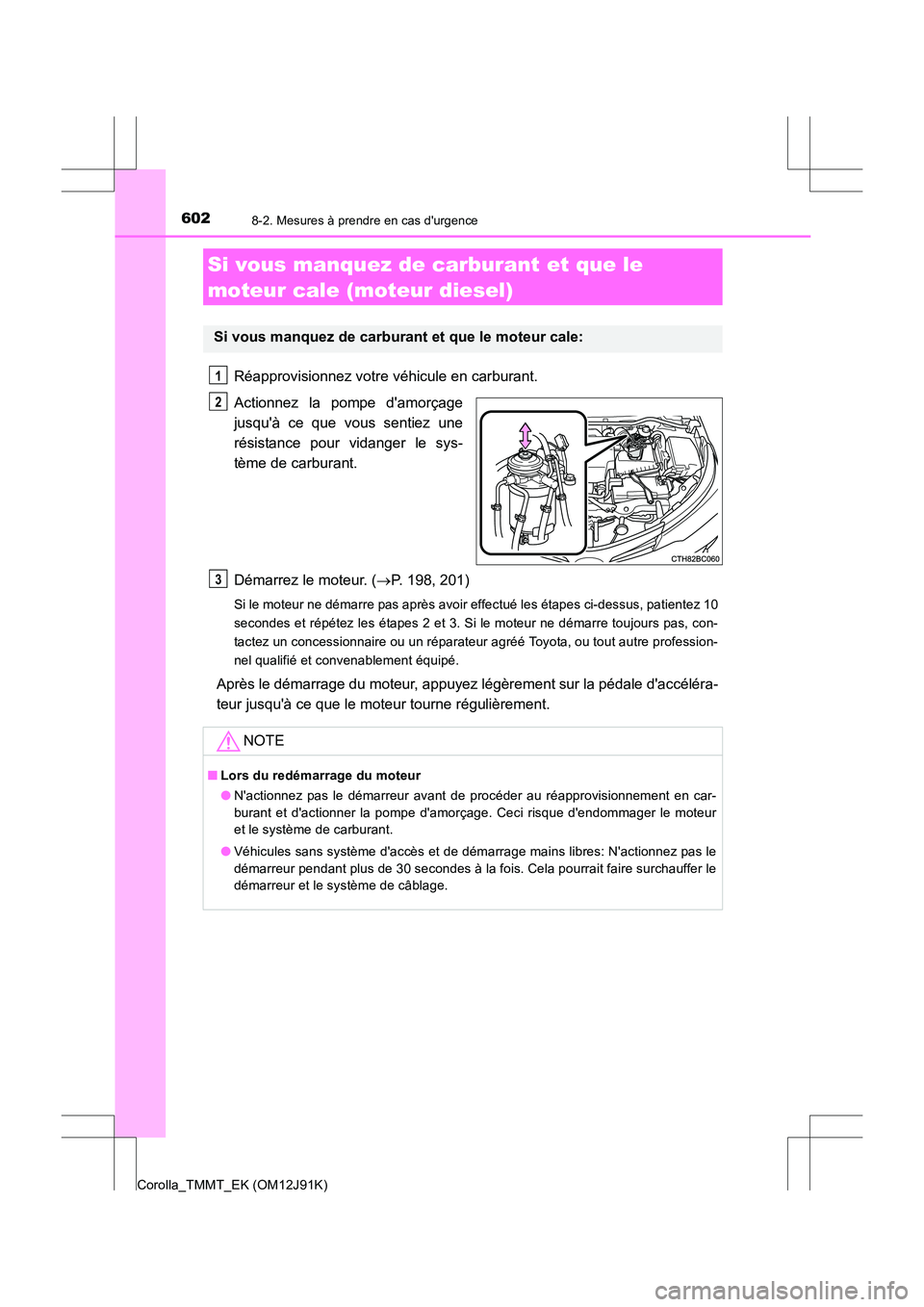 TOYOTA COROLLA 2017 Manuel du propriétaire (in French) 6028-2. Mesures à prendre en cas durgence
Corolla_TMMT_EK (OM12J91K)
Réapprovisionnez votre véhicule en carburant.
Actionnez la pompe damorçage
jusquà ce que vous sentiez une
résistance pour TOYOTA COROLLA 2017 Manuel du propriétaire (in French) 6028-2. Mesures à prendre en cas durgence
Corolla_TMMT_EK (OM12J91K)
Réapprovisionnez votre véhicule en carburant.
Actionnez la pompe damorçage
jusquà ce que vous sentiez une
résistance pour