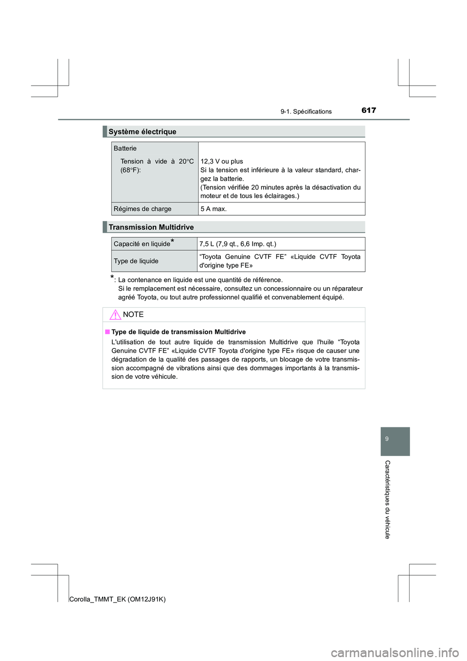 TOYOTA COROLLA 2017  Manuel du propriétaire (in French) 617
9
9-1. Spécifications
Caractéristiques du véhicule
Corolla_TMMT_EK (OM12J91K)
*: La contenance en liquide est une quantité de référence. Si le remplacement est nécessaire, consultez un conc