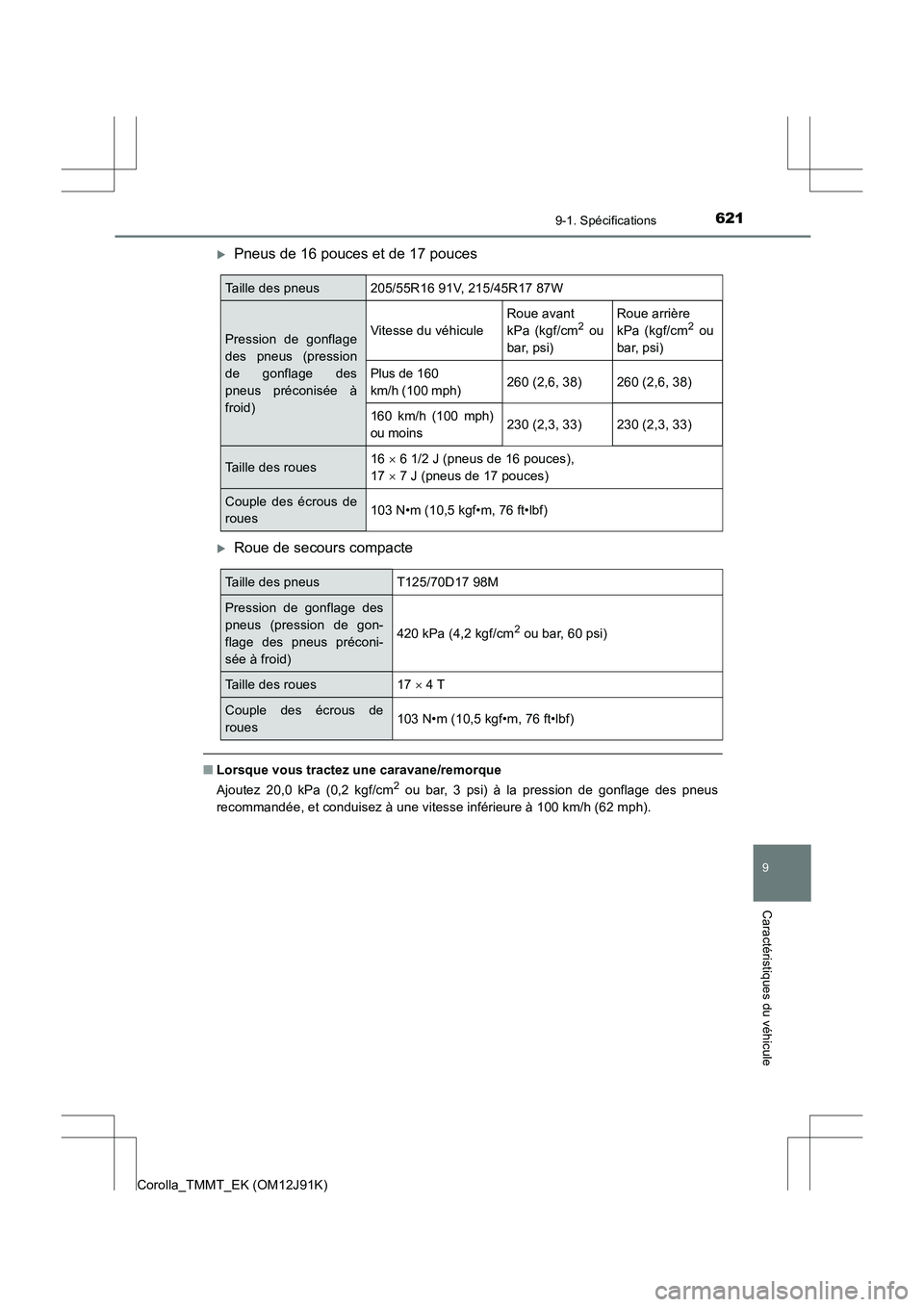 TOYOTA COROLLA 2017  Manuel du propriétaire (in French) 621
9
9-1. Spécifications
Caractéristiques du véhicule
Corolla_TMMT_EK (OM12J91K)
�XPneus de 16 pouces et de 17 pouces
�XRoue de secours compacte
■Lorsque vous tractez une caravane/remorque
Ajout