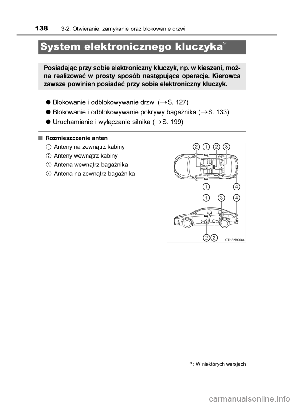 TOYOTA COROLLA 2016  Instrukcja obsługi (in Polish) Blokowanie i odblokowywanie drzwi (S. 127)
Blokowanie i odblokowywanie pokrywy baga˝nika (
S. 133)
Uruchamianie i wy∏àczanie silnika (
S. 199)
Rozmieszczenie anten
Anteny na zewnàtrz kabiny
An