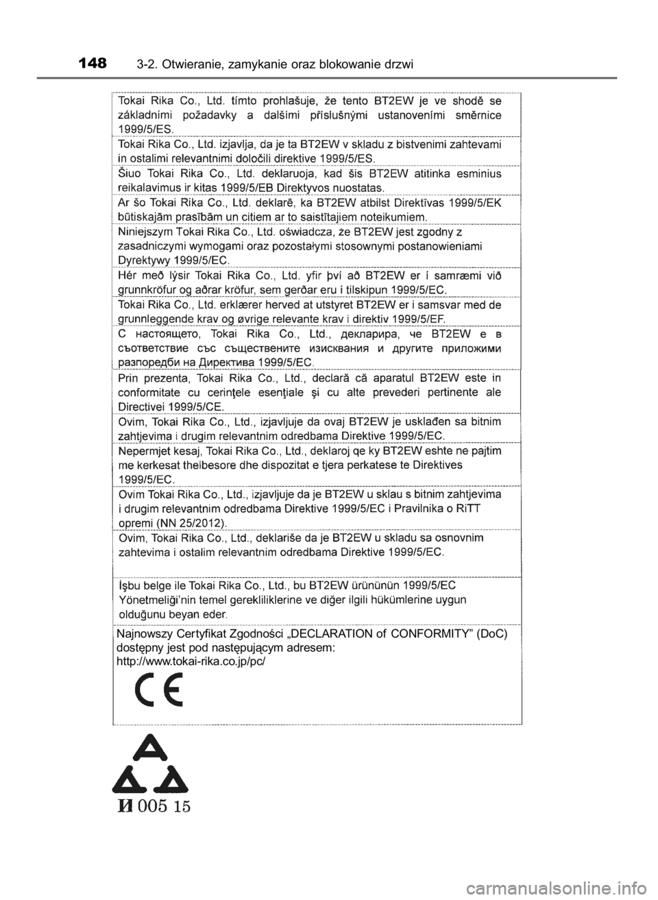 TOYOTA COROLLA 2016 Instrukcja obsługi (in Polish) 1483-2. Otwieranie, zamykanie oraz blokowanie drzwi
Najnowszy Cer tyfikat ZgodnoÊci „DECLARATION of CONFORMITY” (DoC)
dost´pny jest pod nast´pujàcym adresem:
http://www.tokai-rika.co.jp/pc/
27 TOYOTA COROLLA 2016 Instrukcja obsługi (in Polish) 1483-2. Otwieranie, zamykanie oraz blokowanie drzwi
Najnowszy Cer tyfikat ZgodnoÊci „DECLARATION of CONFORMITY” (DoC)
dost´pny jest pod nast´pujàcym adresem:
http://www.tokai-rika.co.jp/pc/
27