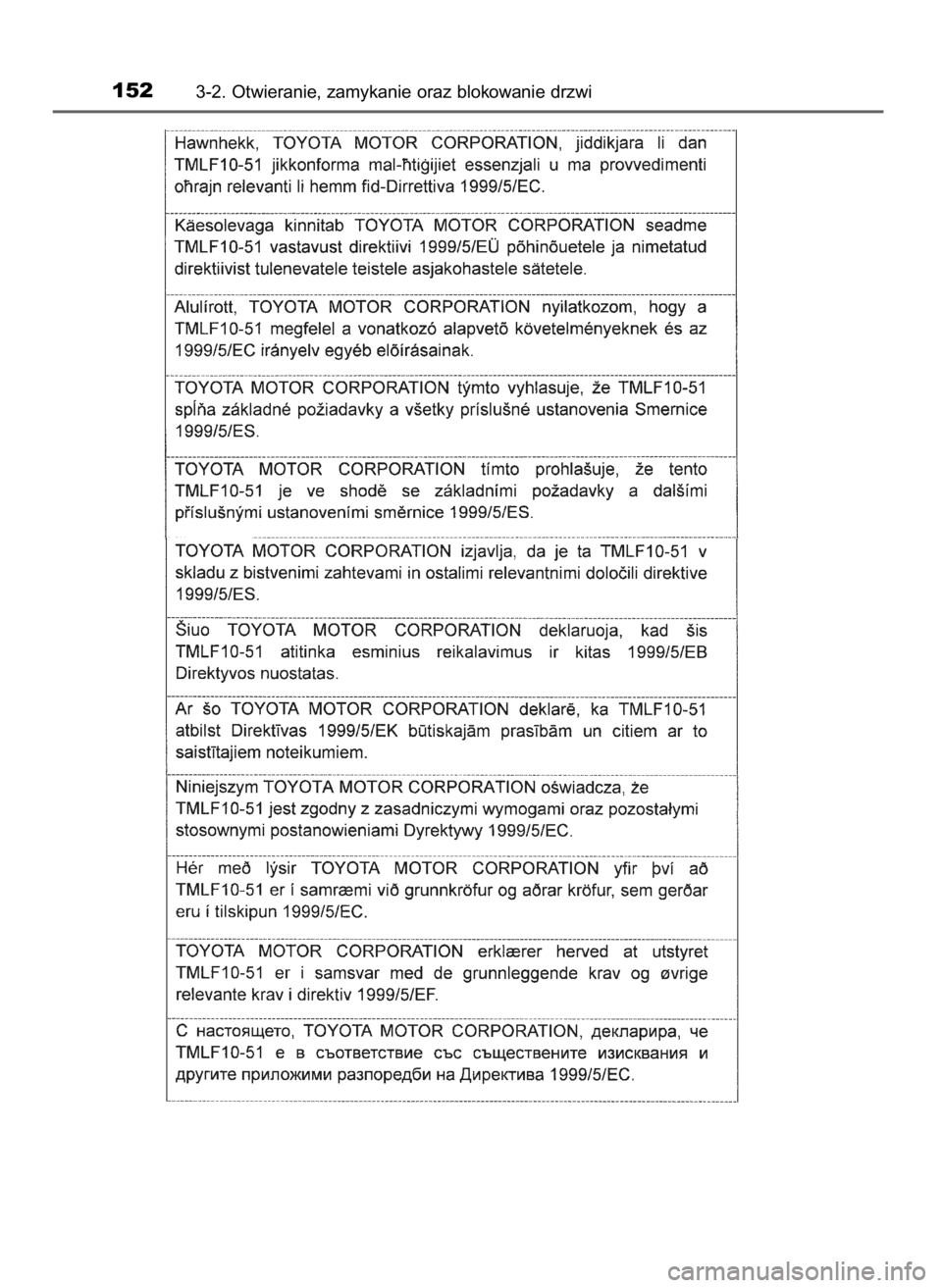 TOYOTA COROLLA 2016  Instrukcja obsługi (in Polish) 1523-2. Otwieranie, zamykanie oraz blokowanie drzwi
27 Corolla OM12J90E  28/7/16  13:07  Page 152    (Black plate) 