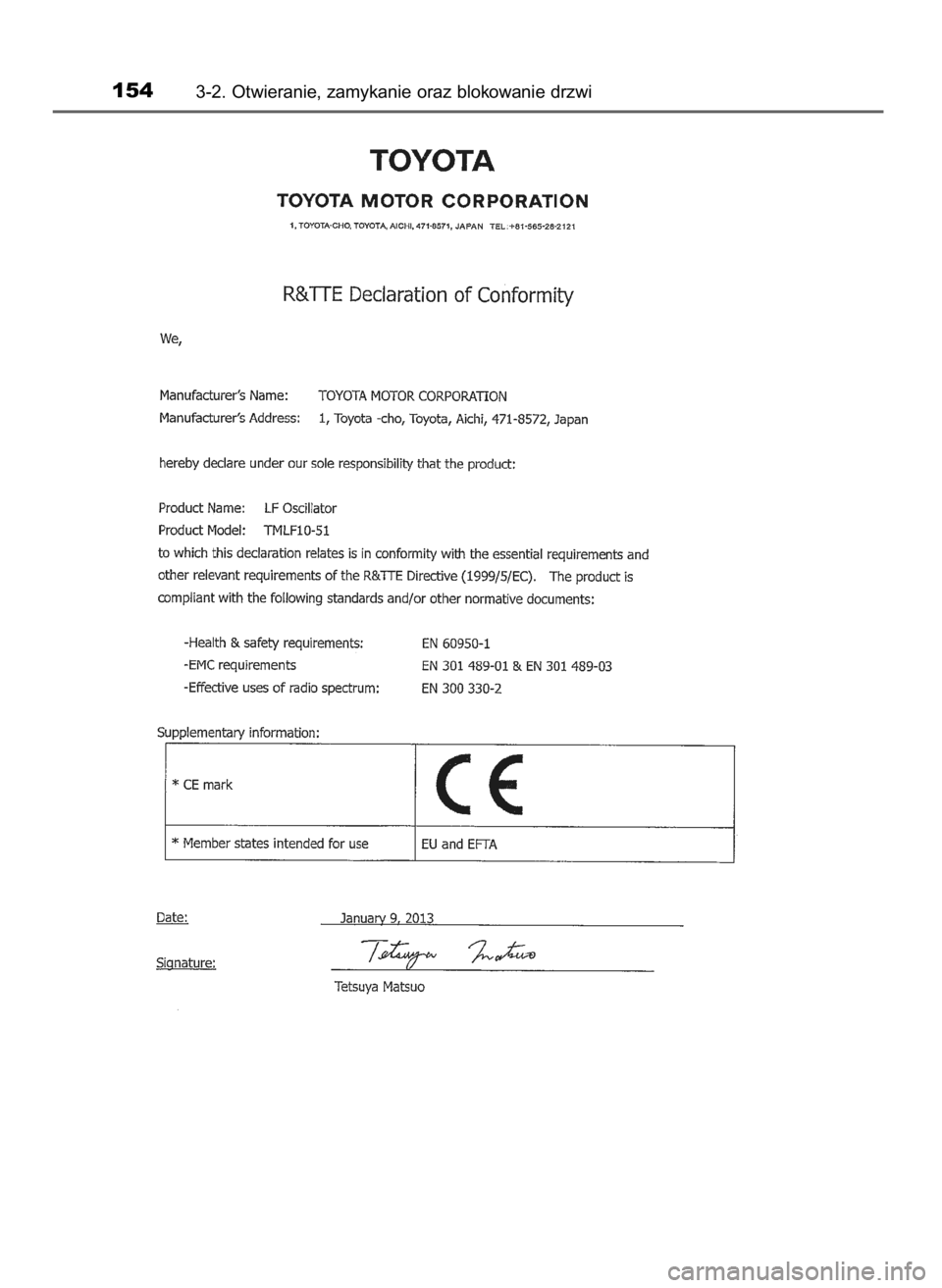 TOYOTA COROLLA 2016  Instrukcja obsługi (in Polish) 1543-2. Otwieranie, zamykanie oraz blokowanie drzwi
27 Corolla OM12J90E  28/7/16  13:07  Page 154    (Black plate) 